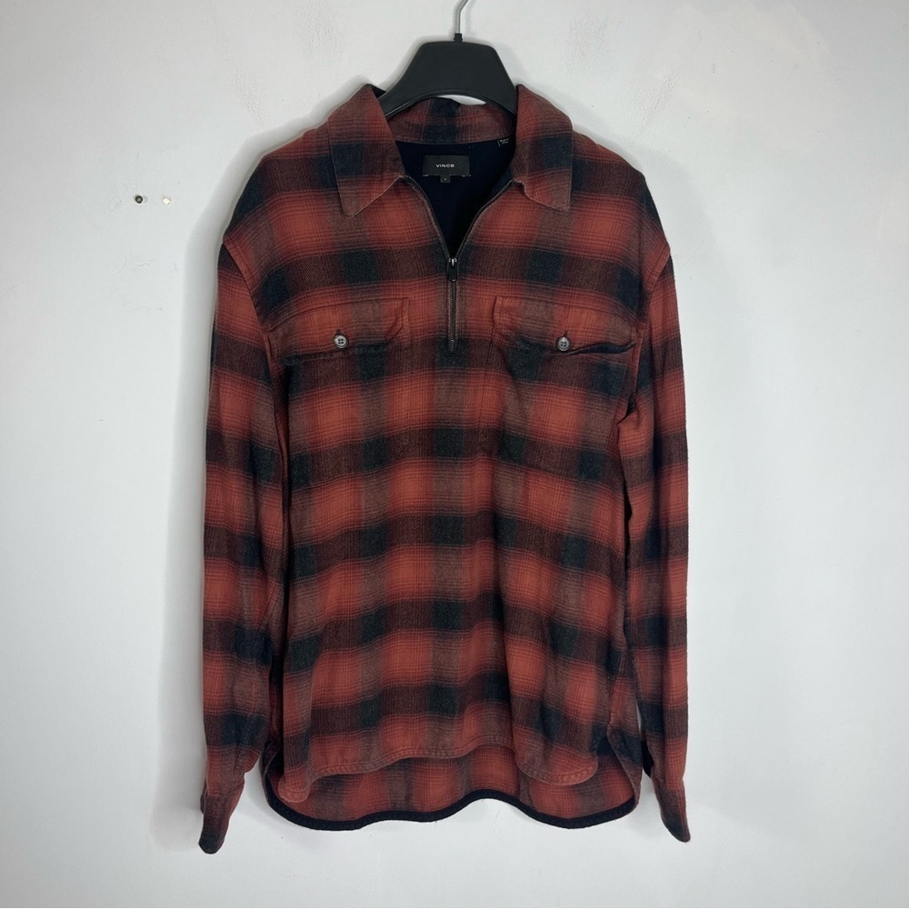 Vince Size Large Men's Cotton Flannel 1/4 Zip Pullover Shirt Red Black